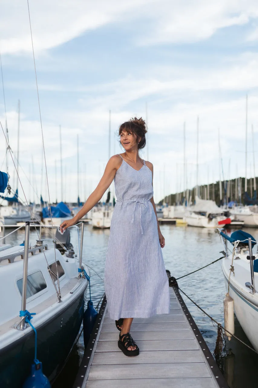 Drawstring Linen Skirt in Blue and White Stripe Linen/Cotton - S