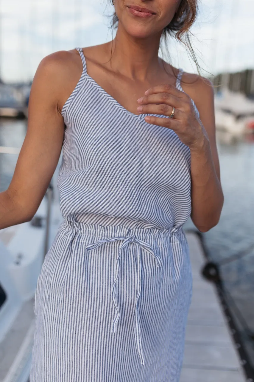 Drawstring Linen Skirt in Blue and White Stripe Linen/Cotton - S