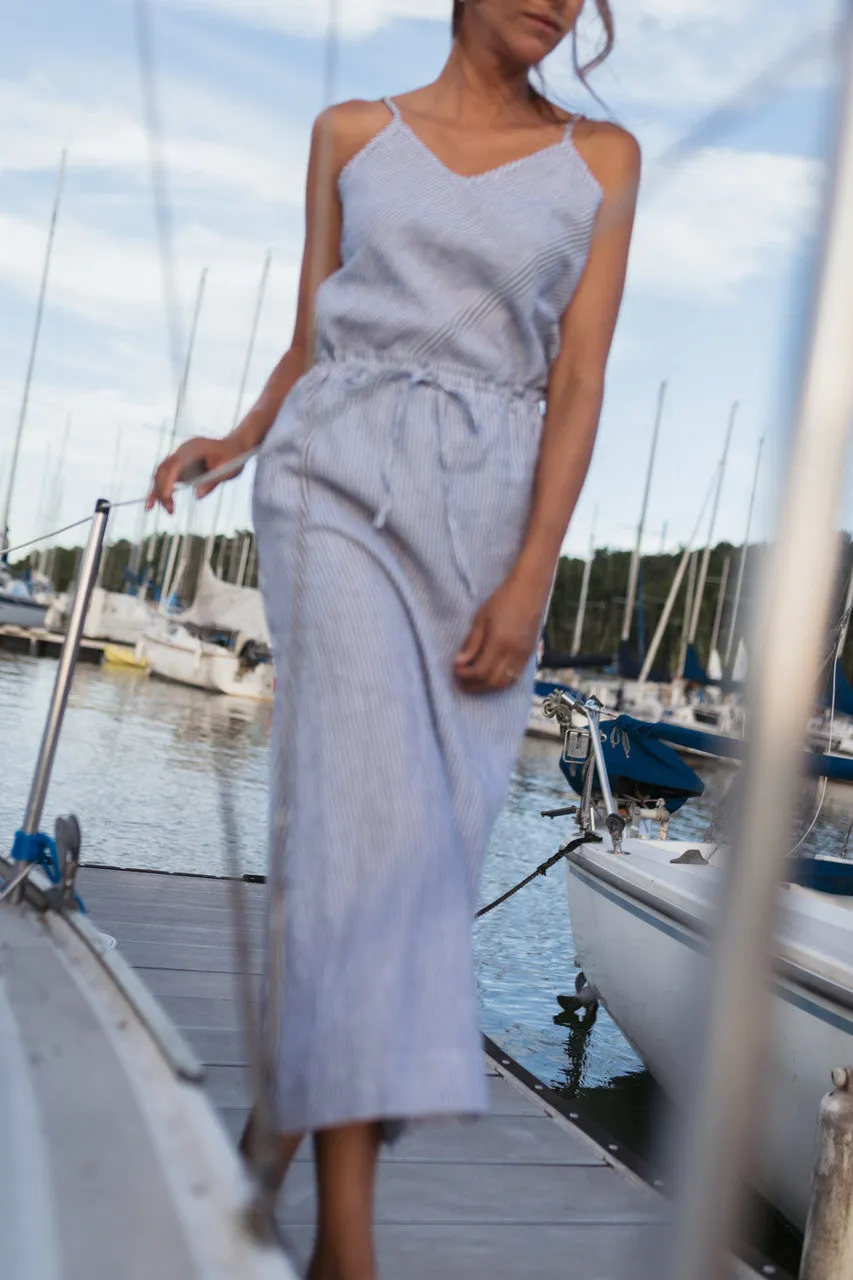 Drawstring Linen Skirt in Blue and White Stripe Linen/Cotton - S