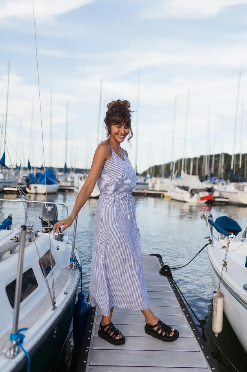 Drawstring Linen Skirt in Blue and White Stripe Linen/Cotton - S