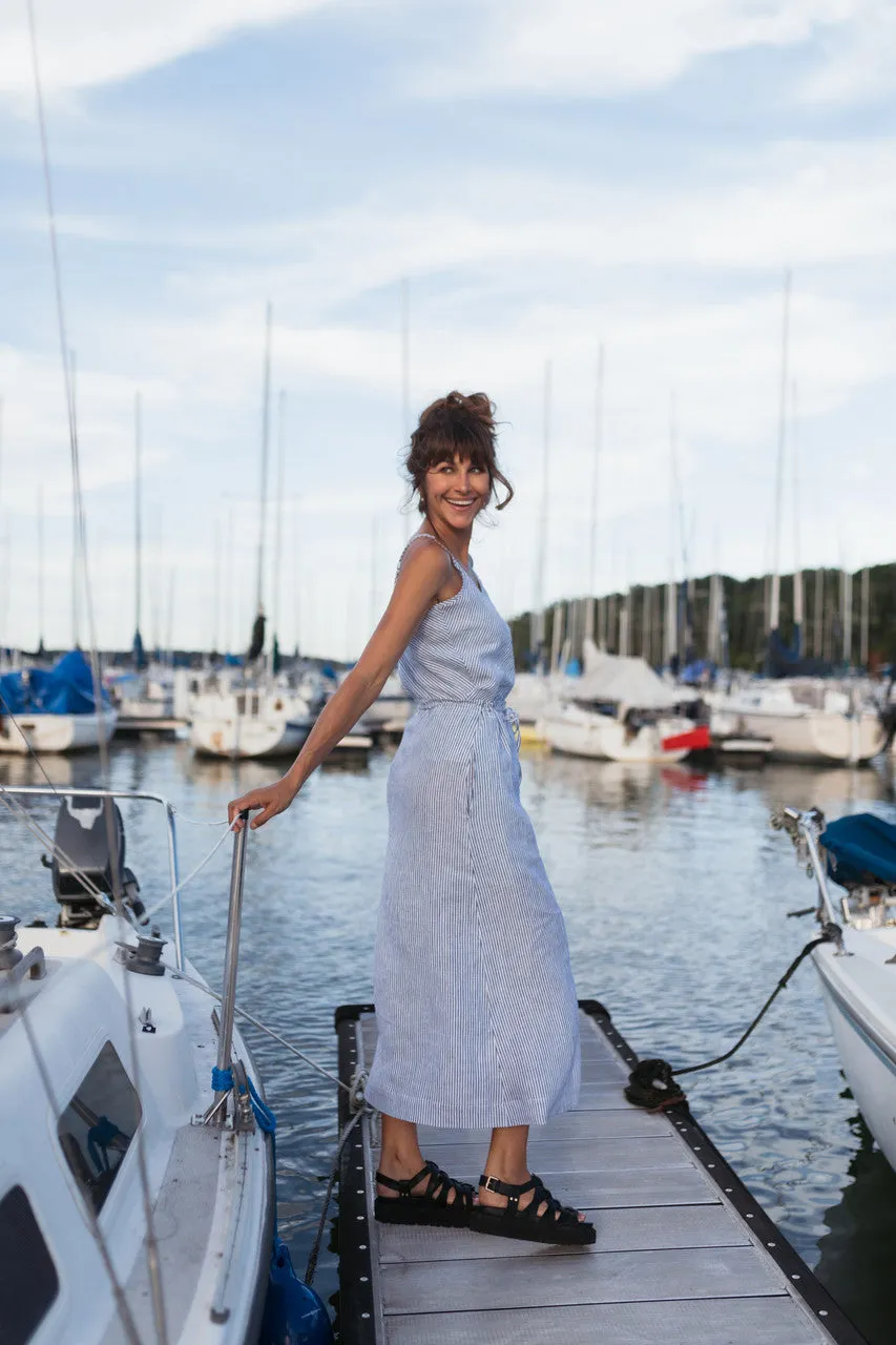 Drawstring Linen Skirt in Blue and White Stripe Linen/Cotton - S