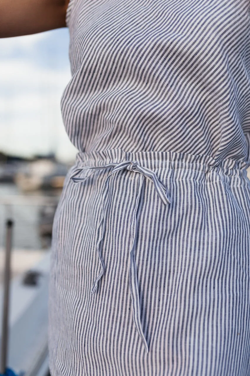 Drawstring Linen Skirt in Blue and White Stripe Linen/Cotton - S