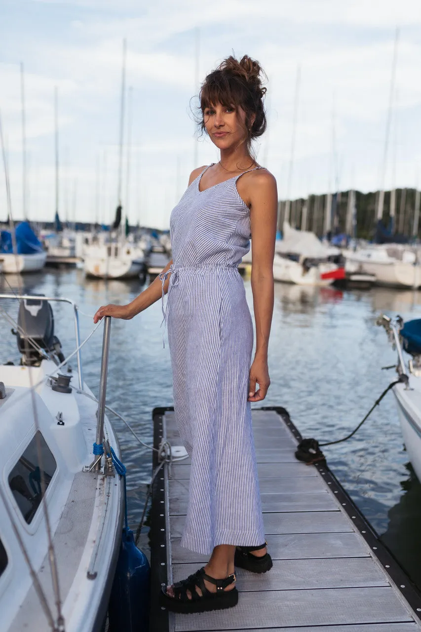 Drawstring Linen Skirt in Blue and White Stripe Linen/Cotton - S