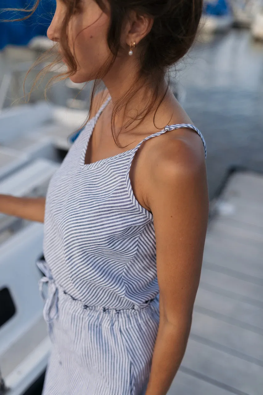 Drawstring Linen Skirt in Blue and White Stripe Linen/Cotton - S