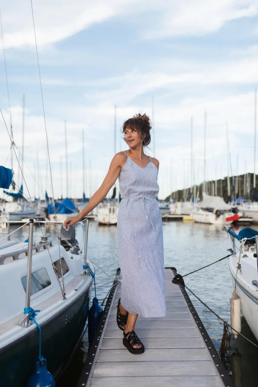 Drawstring Linen Skirt in Blue and White Stripe Linen/Cotton - S