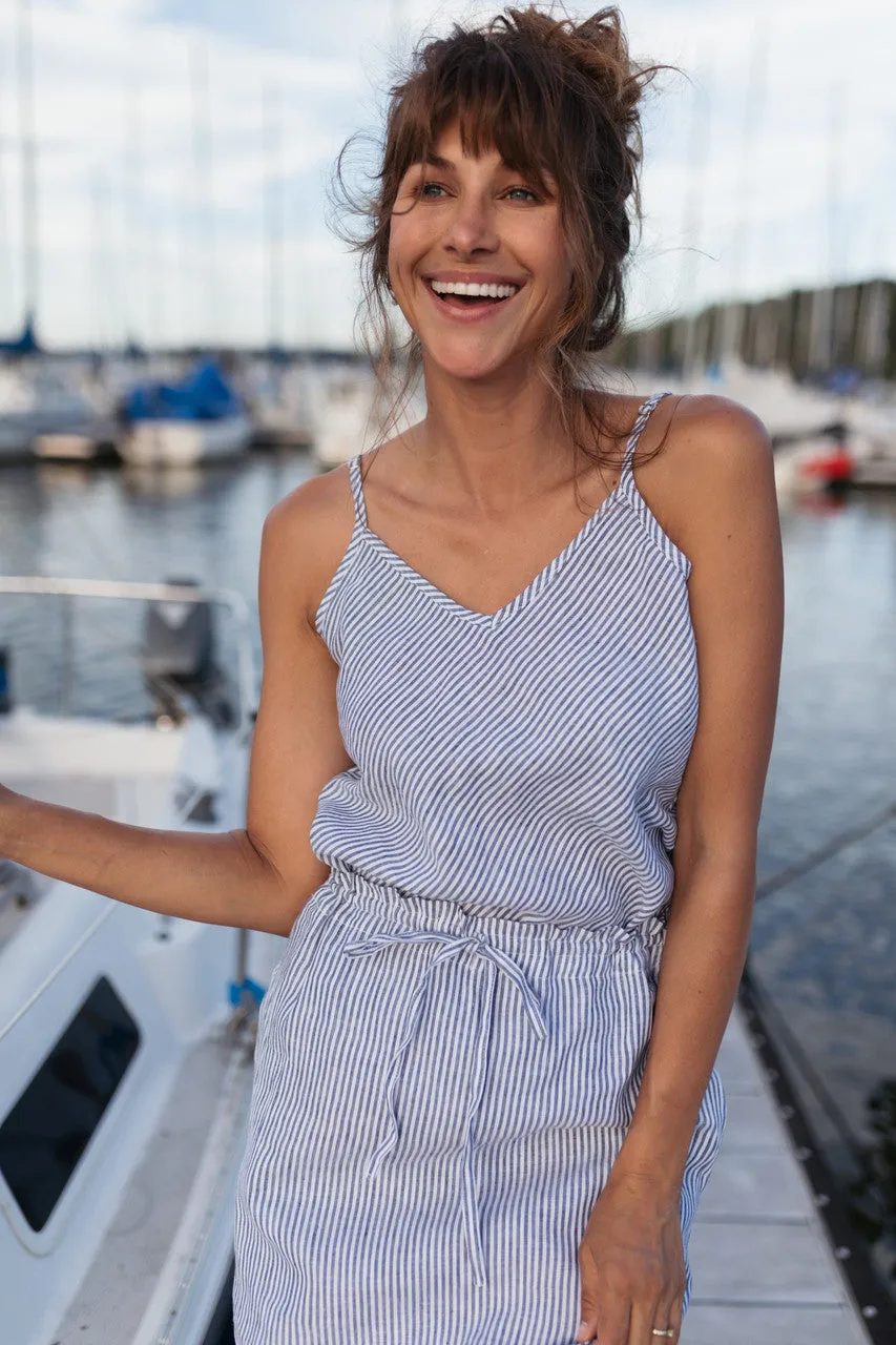 Drawstring Linen Skirt in Blue and White Stripe Linen/Cotton - S