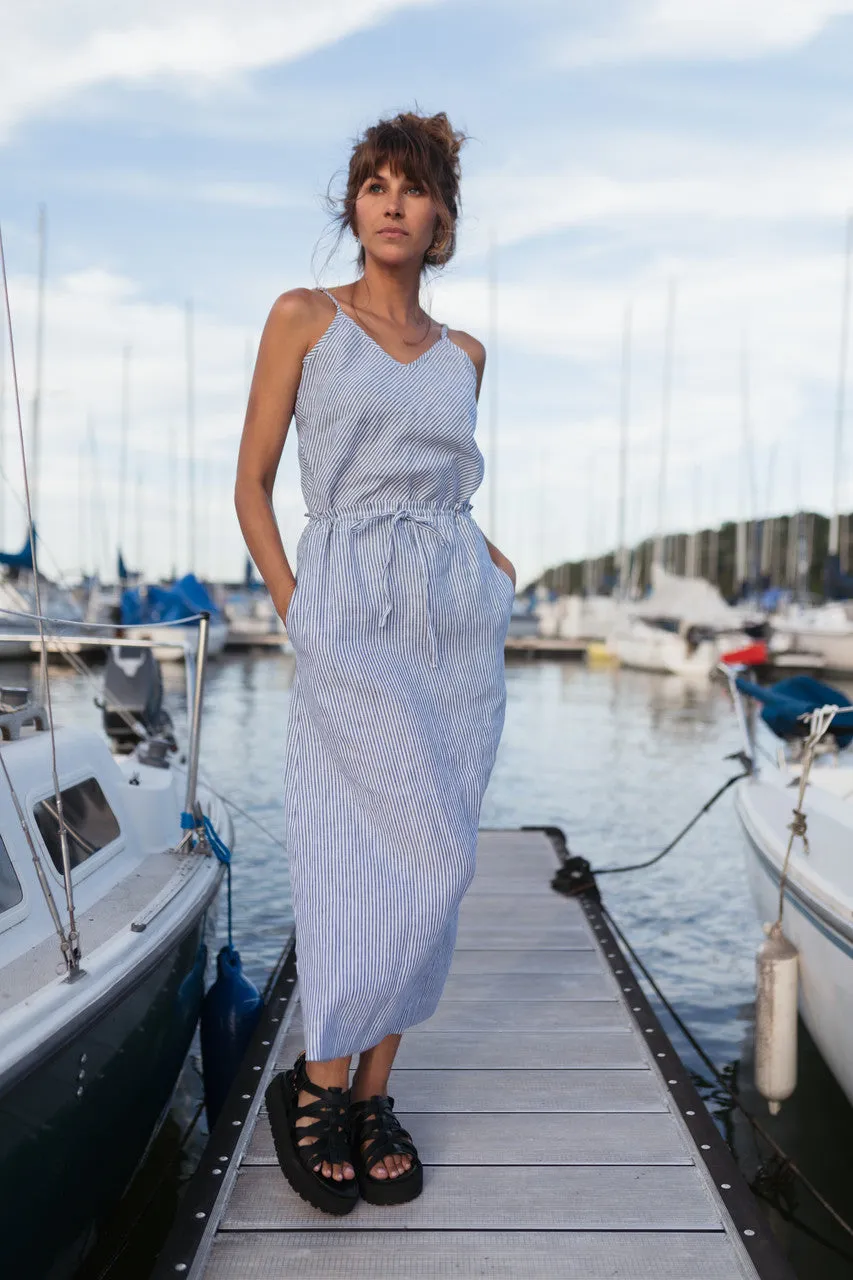 Drawstring Linen Skirt in Blue and White Stripe Linen/Cotton - S