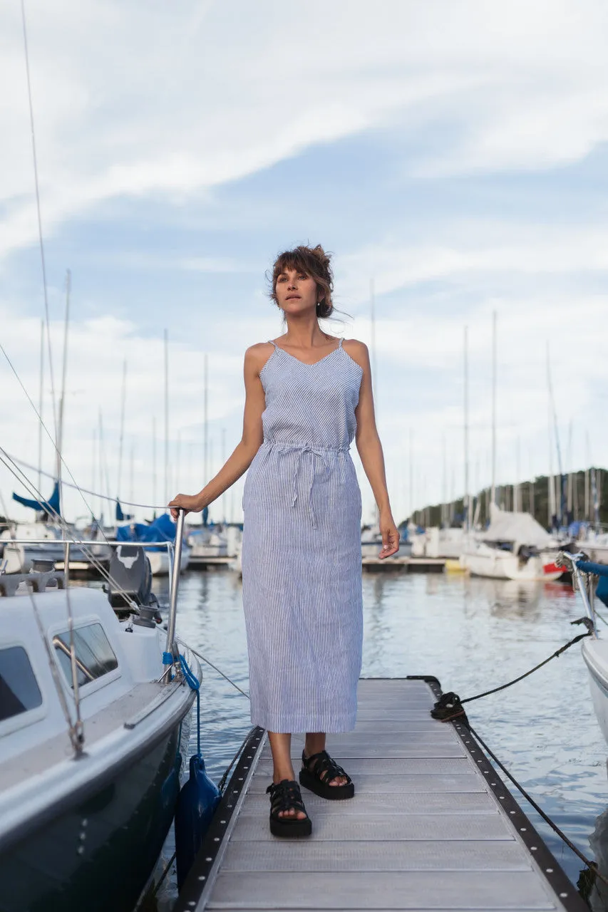 Drawstring Linen Skirt in Blue and White Stripe Linen/Cotton - S