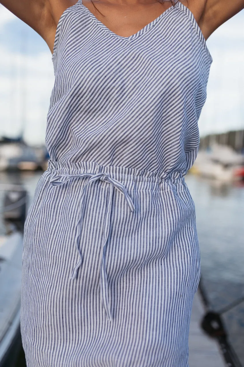 Drawstring Linen Skirt in Blue and White Stripe Linen/Cotton - S