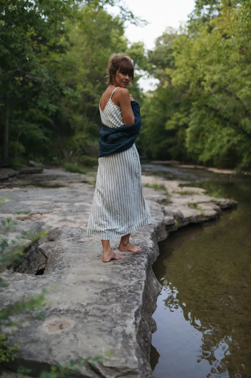 Drawstring Linen Skirt in Green and White Stripe Linen - S and L