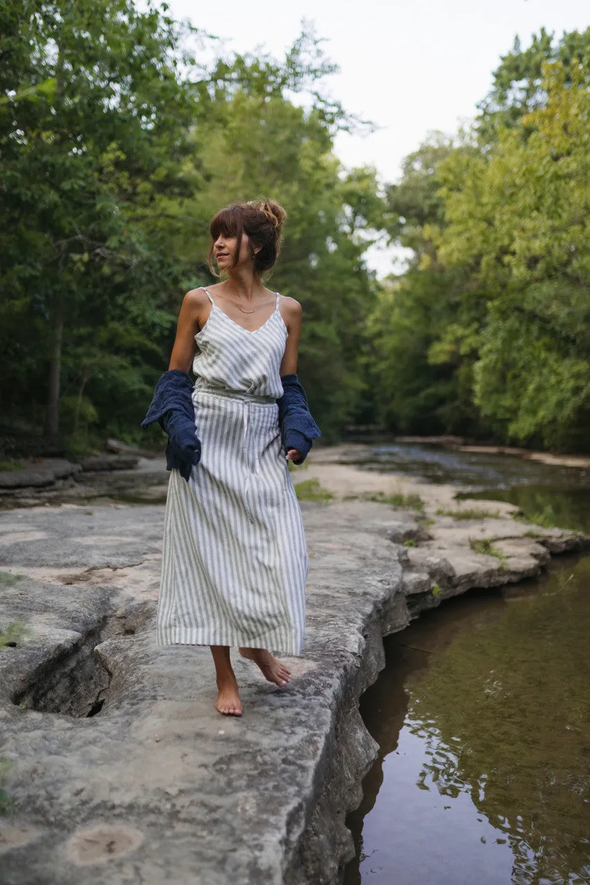 Drawstring Linen Skirt in Green and White Stripe Linen - S and L