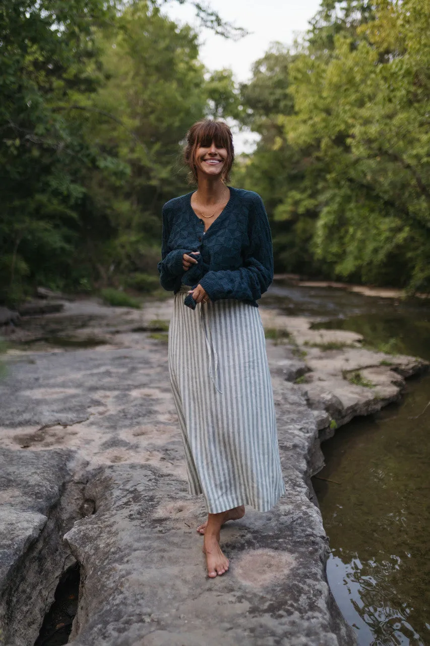 Drawstring Linen Skirt in Green and White Stripe Linen - S and L