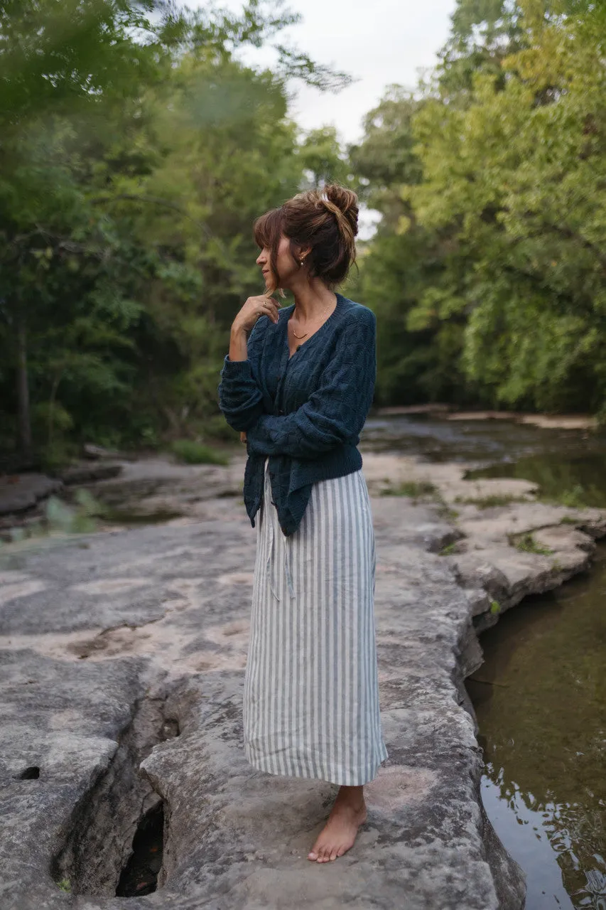 Drawstring Linen Skirt in Green and White Stripe Linen - S and L