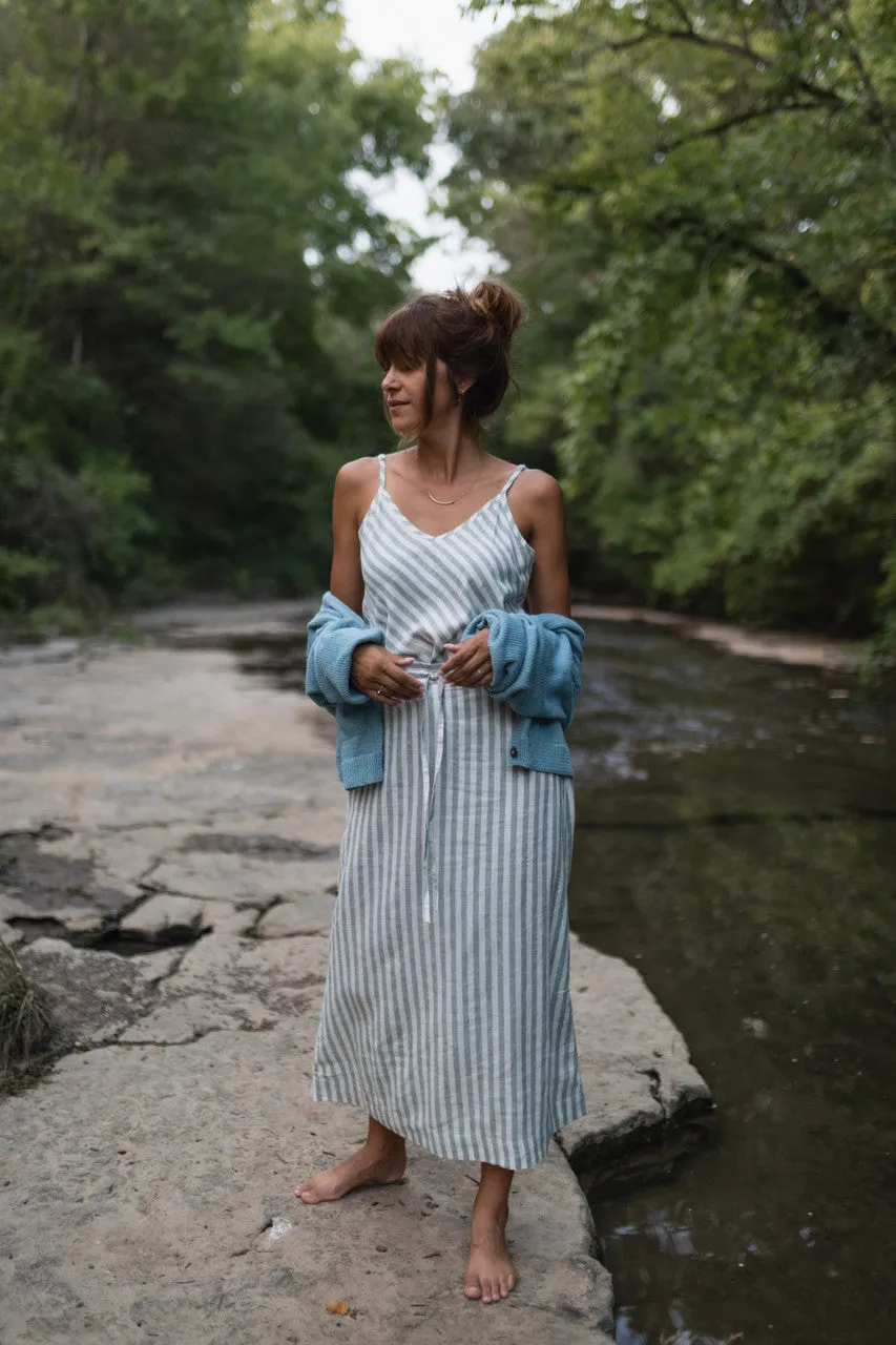 Drawstring Linen Skirt in Green and White Stripe Linen - S and L