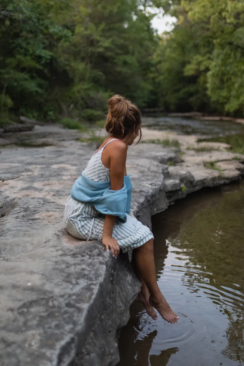 Drawstring Linen Skirt in Green and White Stripe Linen - S and L