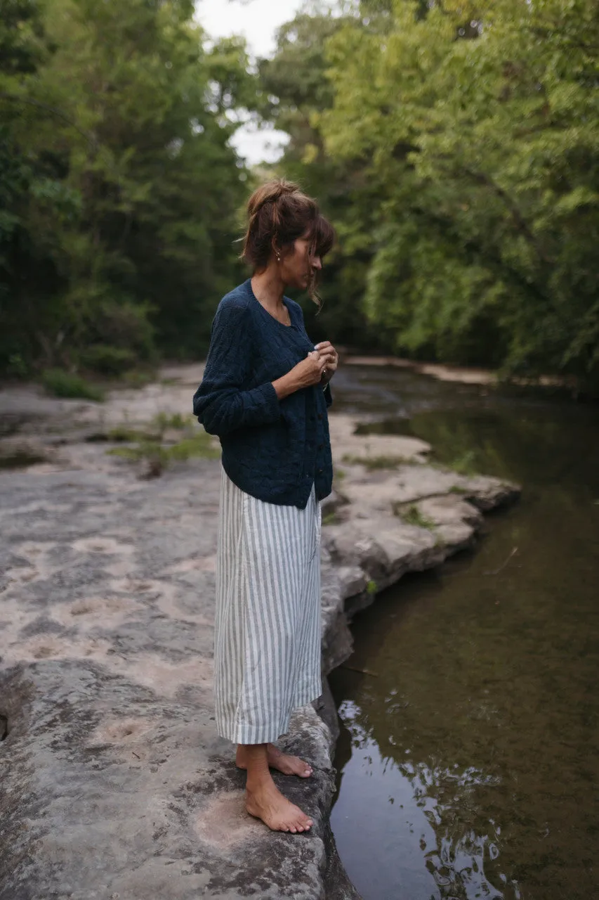 Drawstring Linen Skirt in Green and White Stripe Linen - S and L