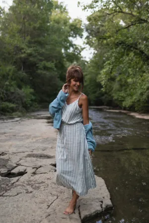 Drawstring Linen Skirt in Green and White Stripe Linen - S and L