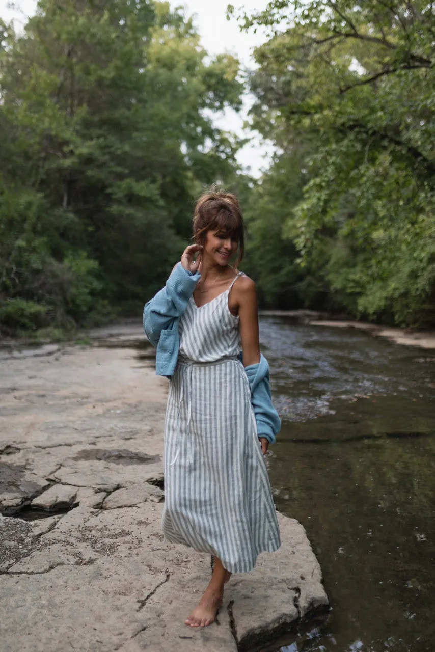 Drawstring Linen Skirt in Green and White Stripe Linen - S and L