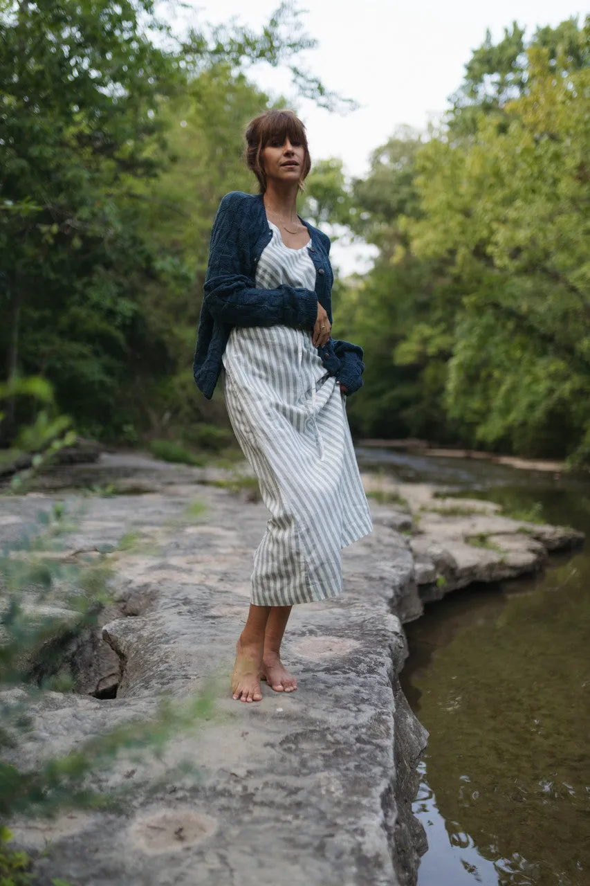 Drawstring Linen Skirt in Green and White Stripe Linen - S and L