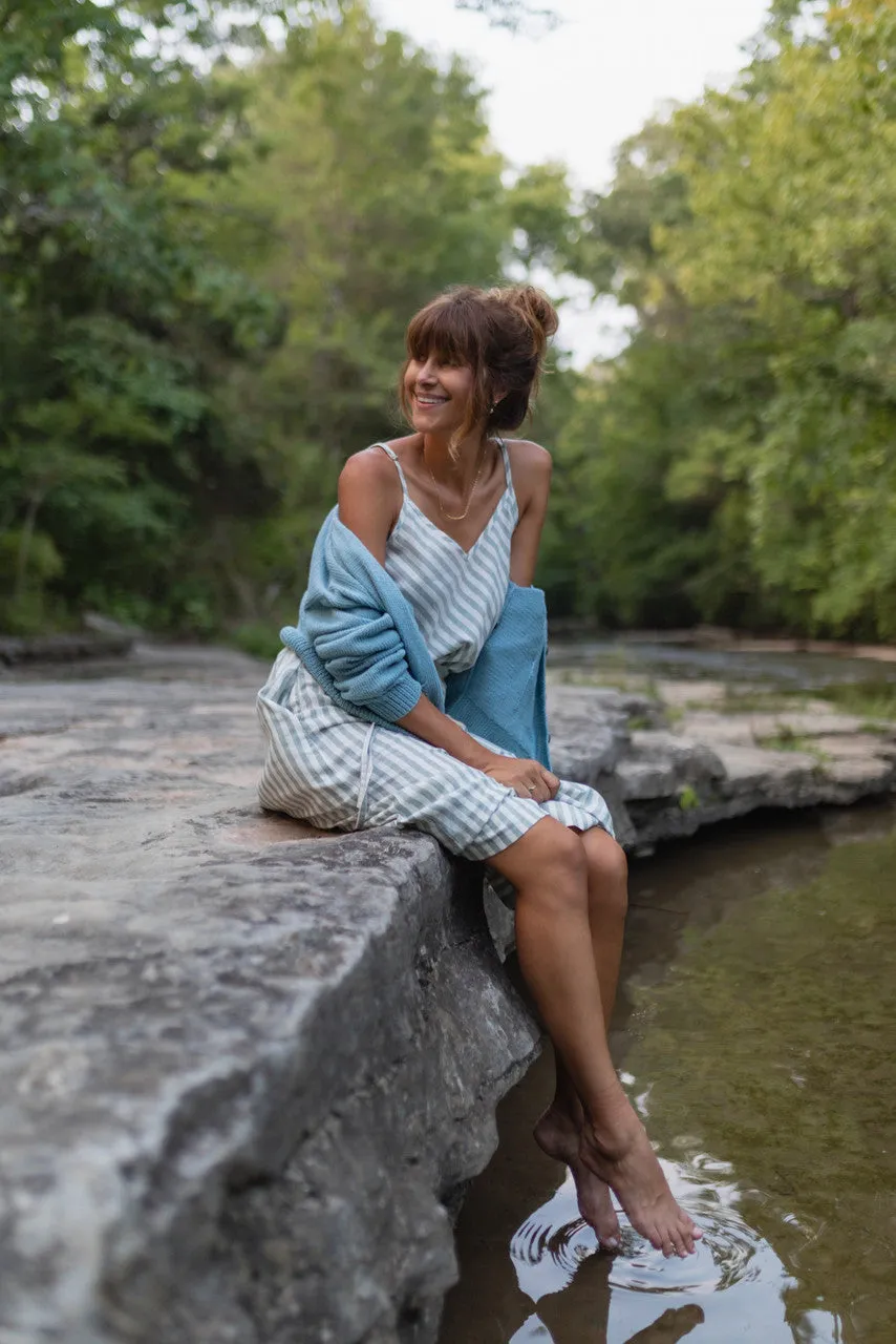 Drawstring Linen Skirt in Green and White Stripe Linen - S and L