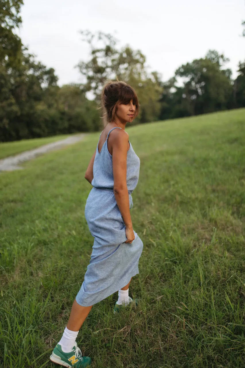 Drawstring Linen Skirt in Light Blue Linen/Cotton - S