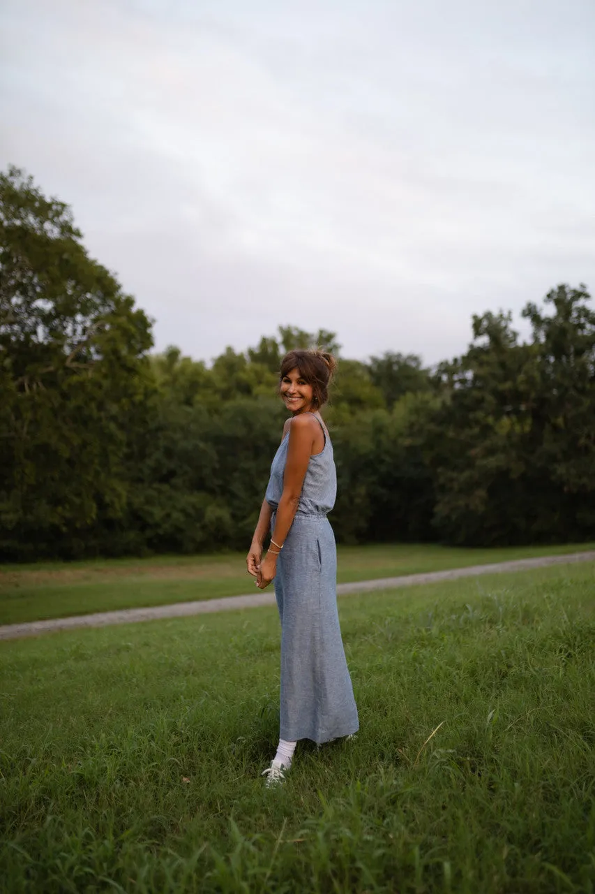 Drawstring Linen Skirt in Light Blue Linen/Cotton - S