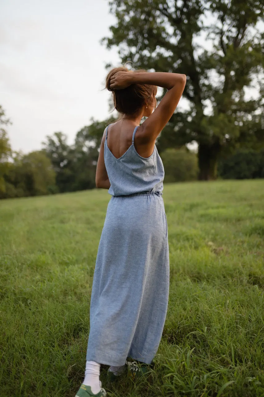 Drawstring Linen Skirt in Light Blue Linen/Cotton - S