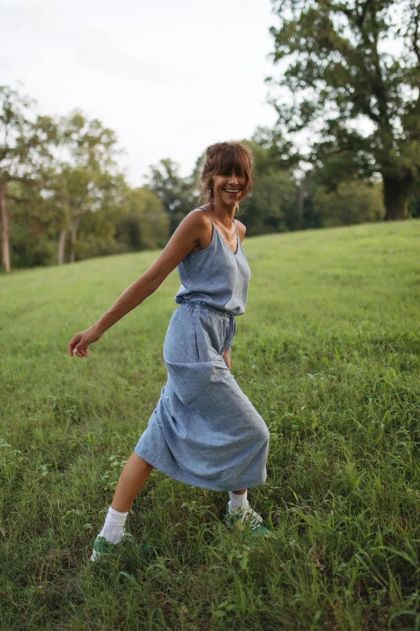 Drawstring Linen Skirt in Light Blue Linen/Cotton - S