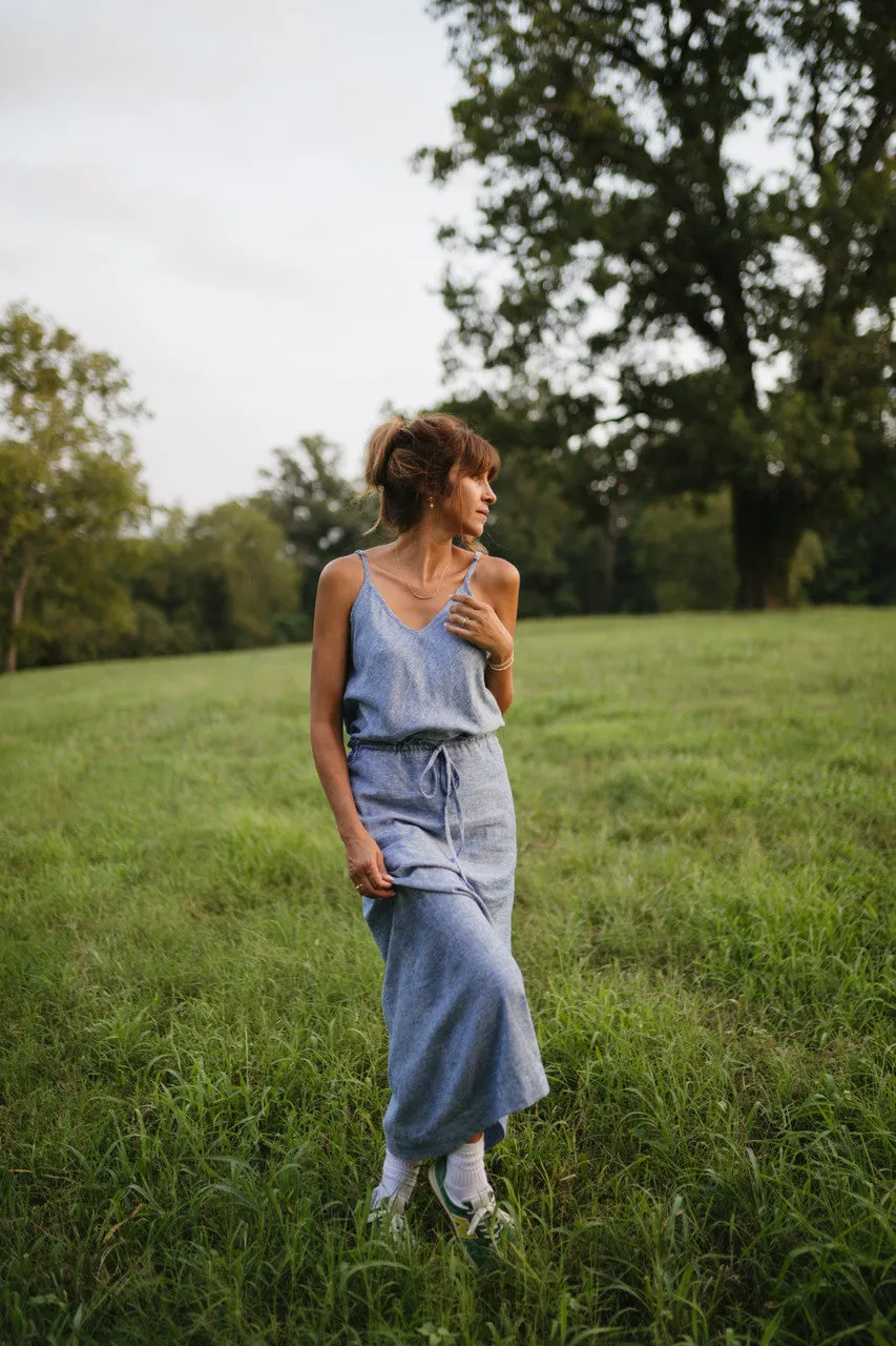 Drawstring Linen Skirt in Light Blue Linen/Cotton - S