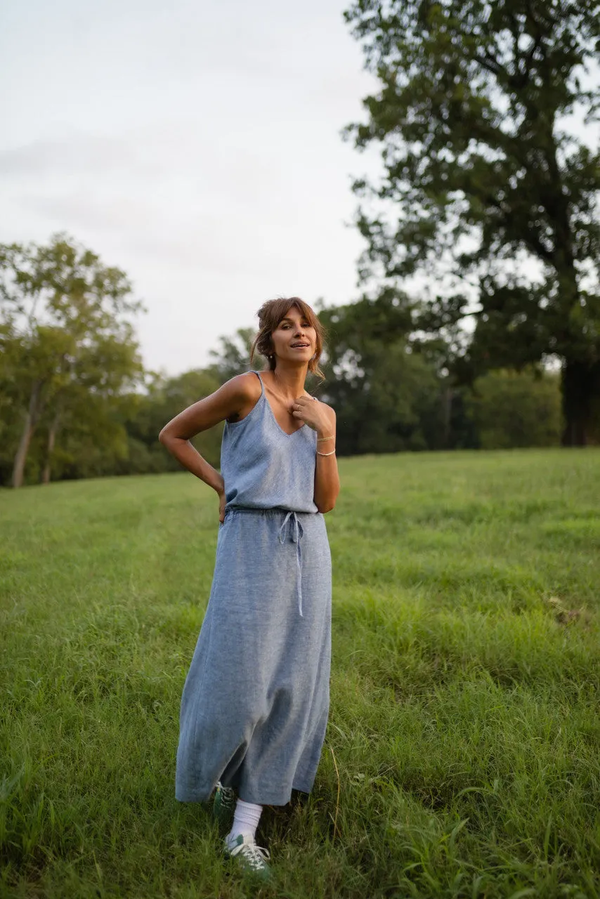 Drawstring Linen Skirt in Light Blue Linen/Cotton - S