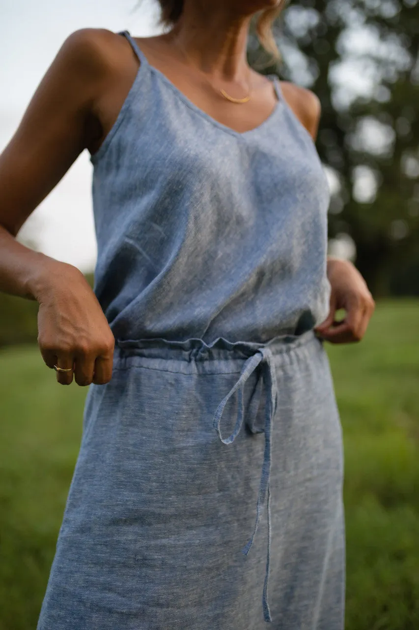 Drawstring Linen Skirt in Light Blue Linen/Cotton - S