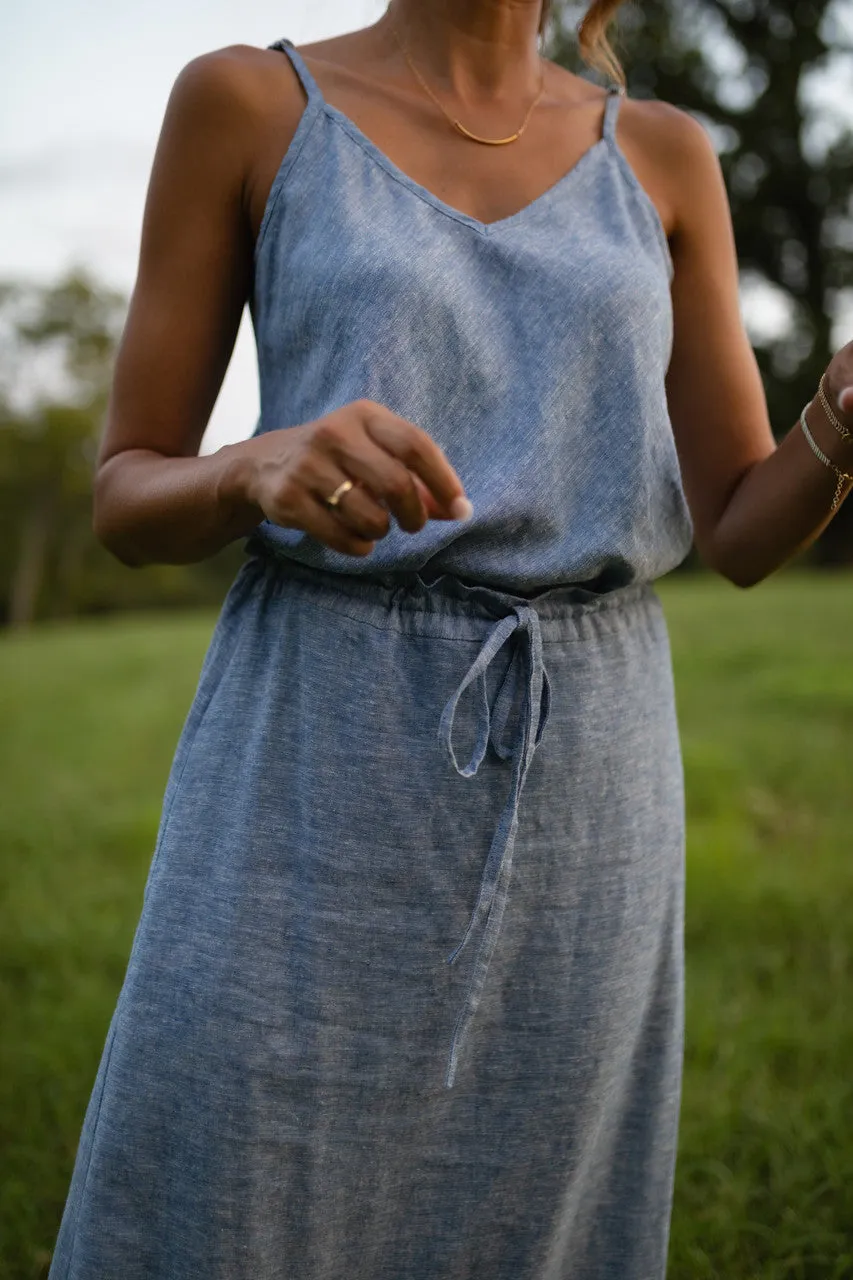 Drawstring Linen Skirt in Light Blue Linen/Cotton - S