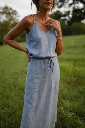 Drawstring Linen Skirt in Light Blue Linen/Cotton - S