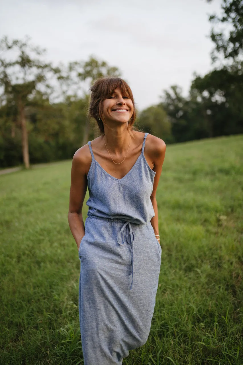 Drawstring Linen Skirt in Light Blue Linen/Cotton - S