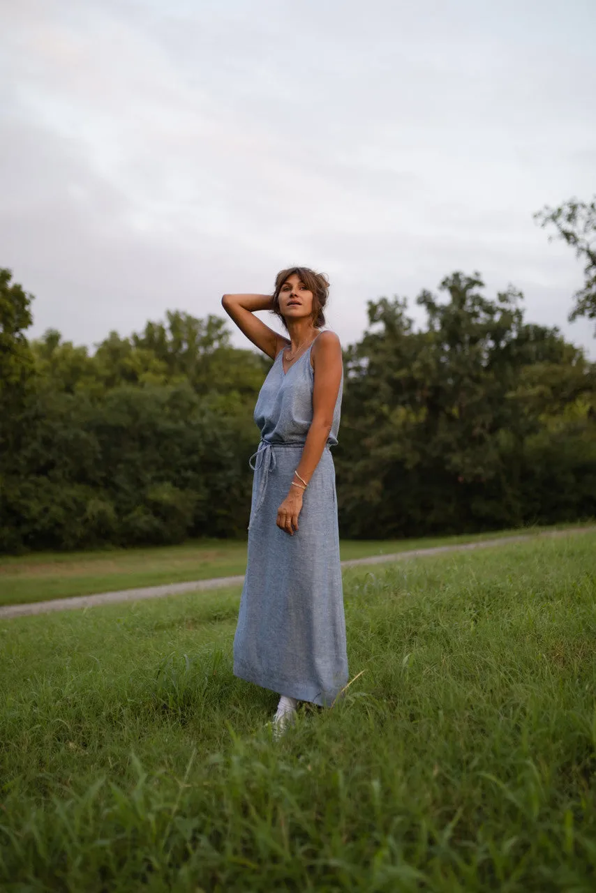 Drawstring Linen Skirt in Light Blue Linen/Cotton - S