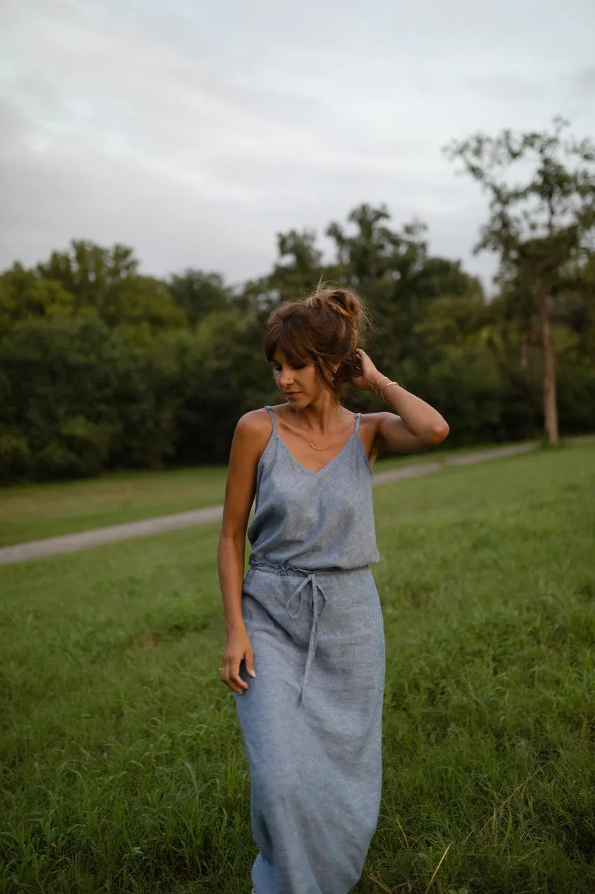 Drawstring Linen Skirt in Light Blue Linen/Cotton - S