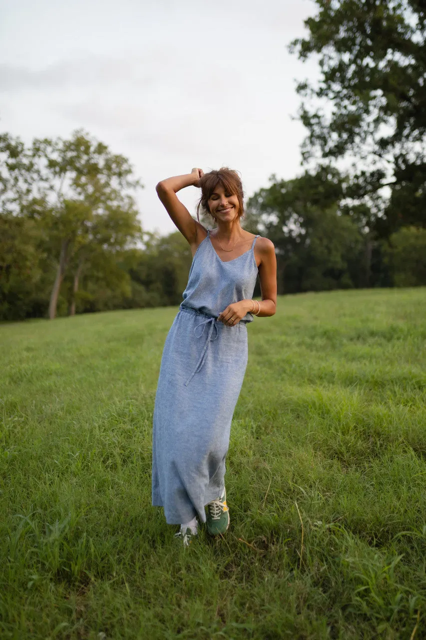 Drawstring Linen Skirt in Light Blue Linen/Cotton - S