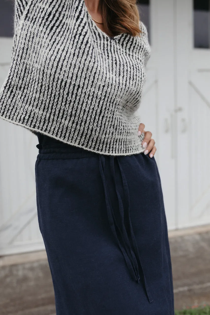 Drawstring Linen Skirt in Navy Linen - S and XL