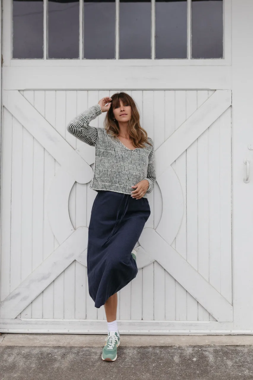 Drawstring Linen Skirt in Navy Linen - S and XL