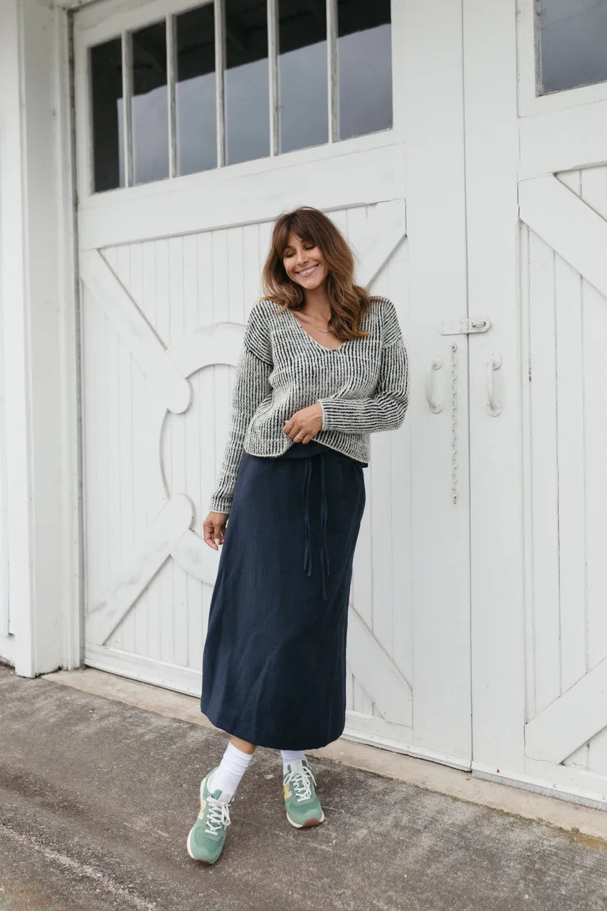 Drawstring Linen Skirt in Navy Linen - S and XL