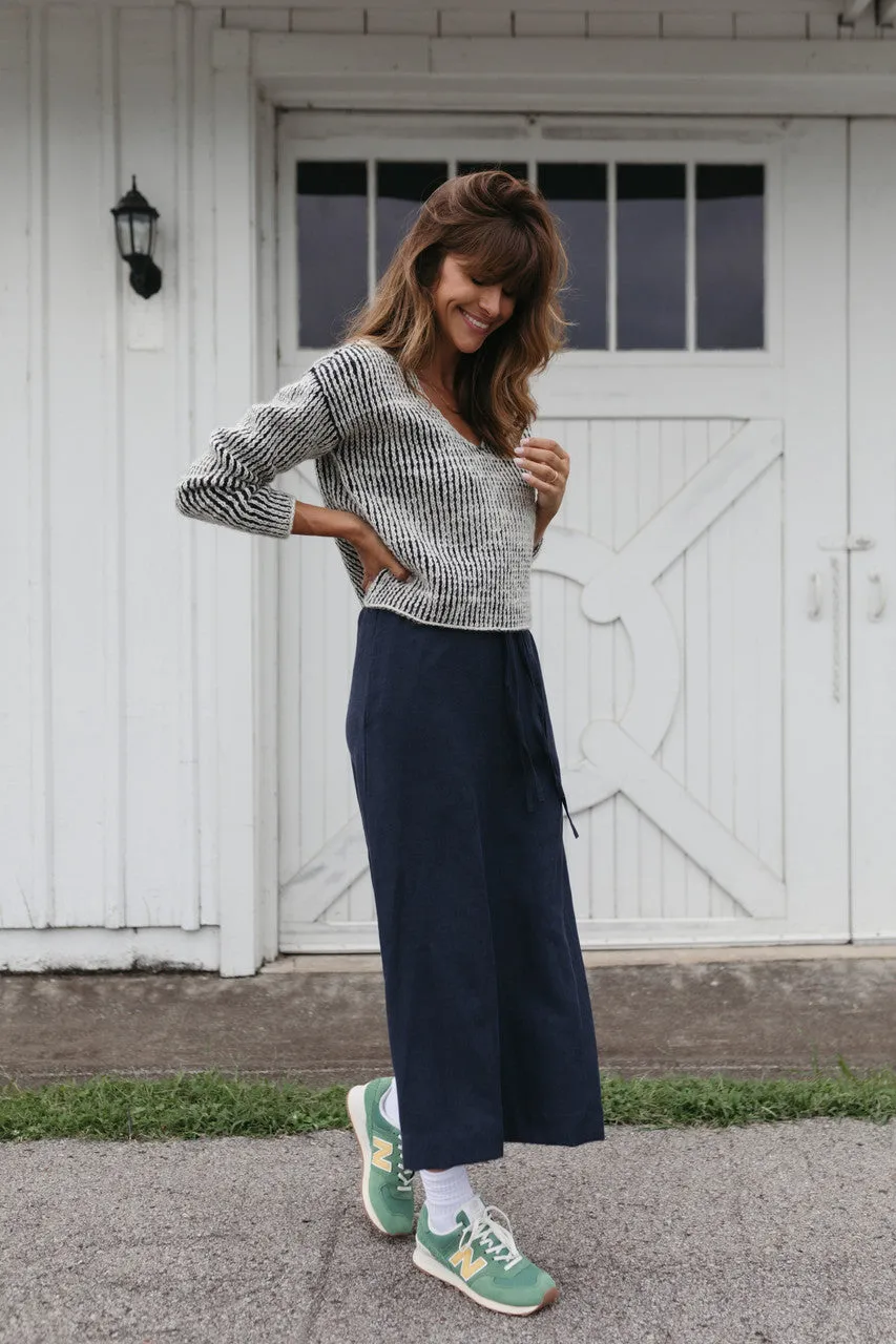 Drawstring Linen Skirt in Navy Linen - S and XL