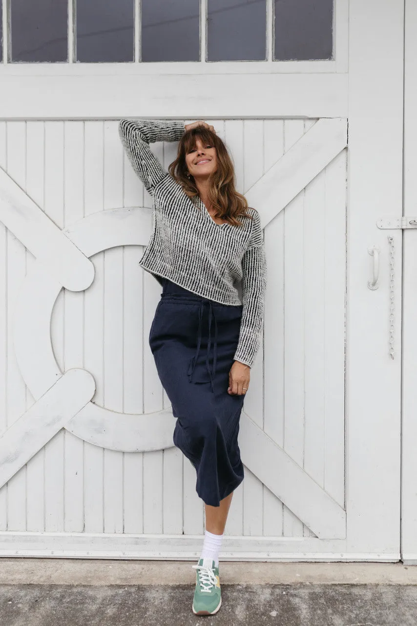 Drawstring Linen Skirt in Navy Linen - S and XL