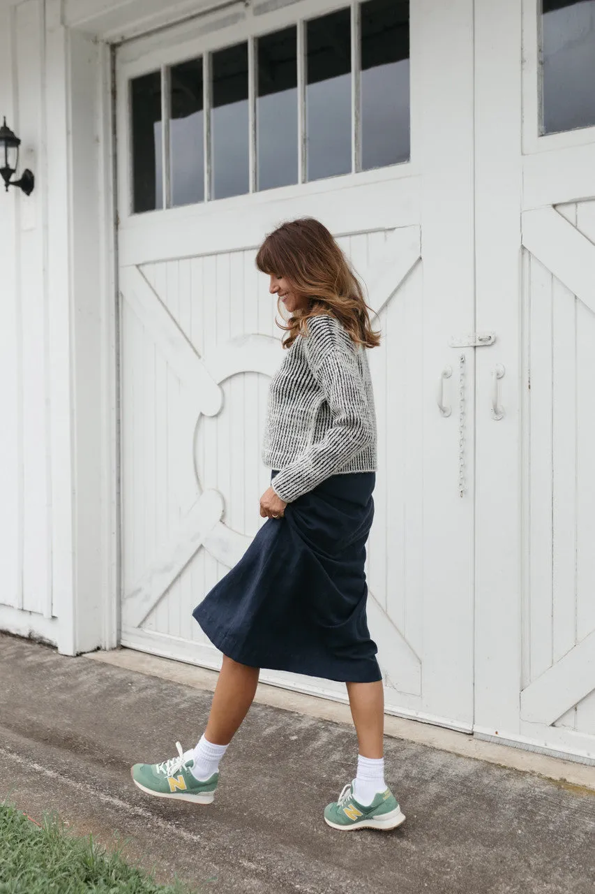 Drawstring Linen Skirt in Navy Linen - S and XL