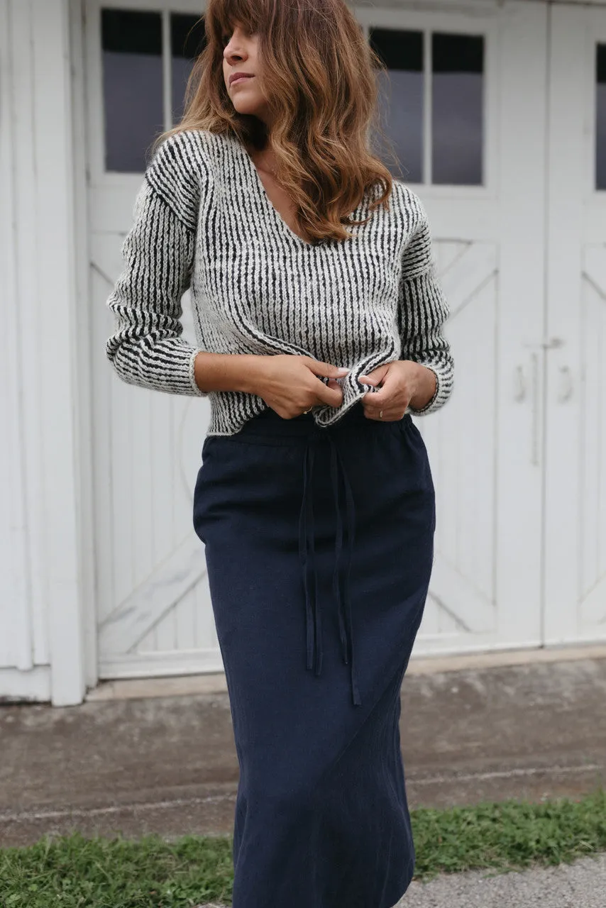 Drawstring Linen Skirt in Navy Linen - S and XL