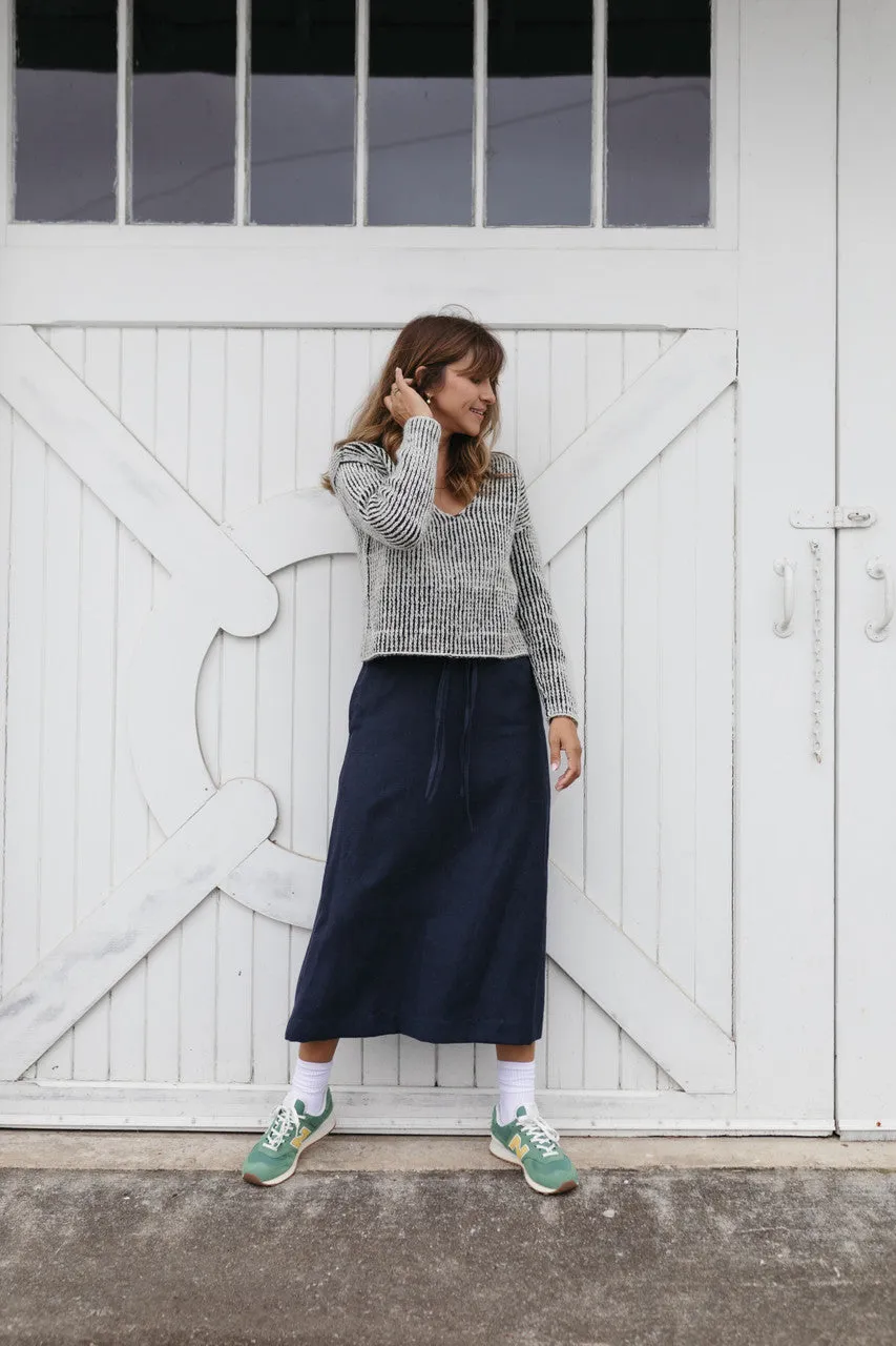 Drawstring Linen Skirt in Navy Linen - S and XL