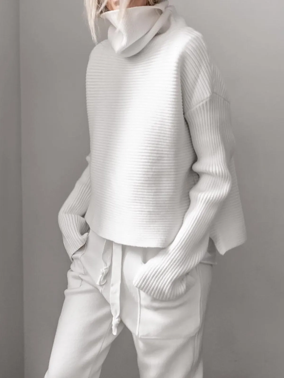 Dunnmall Turtleneck Knitted Two Pieces Pants Suits