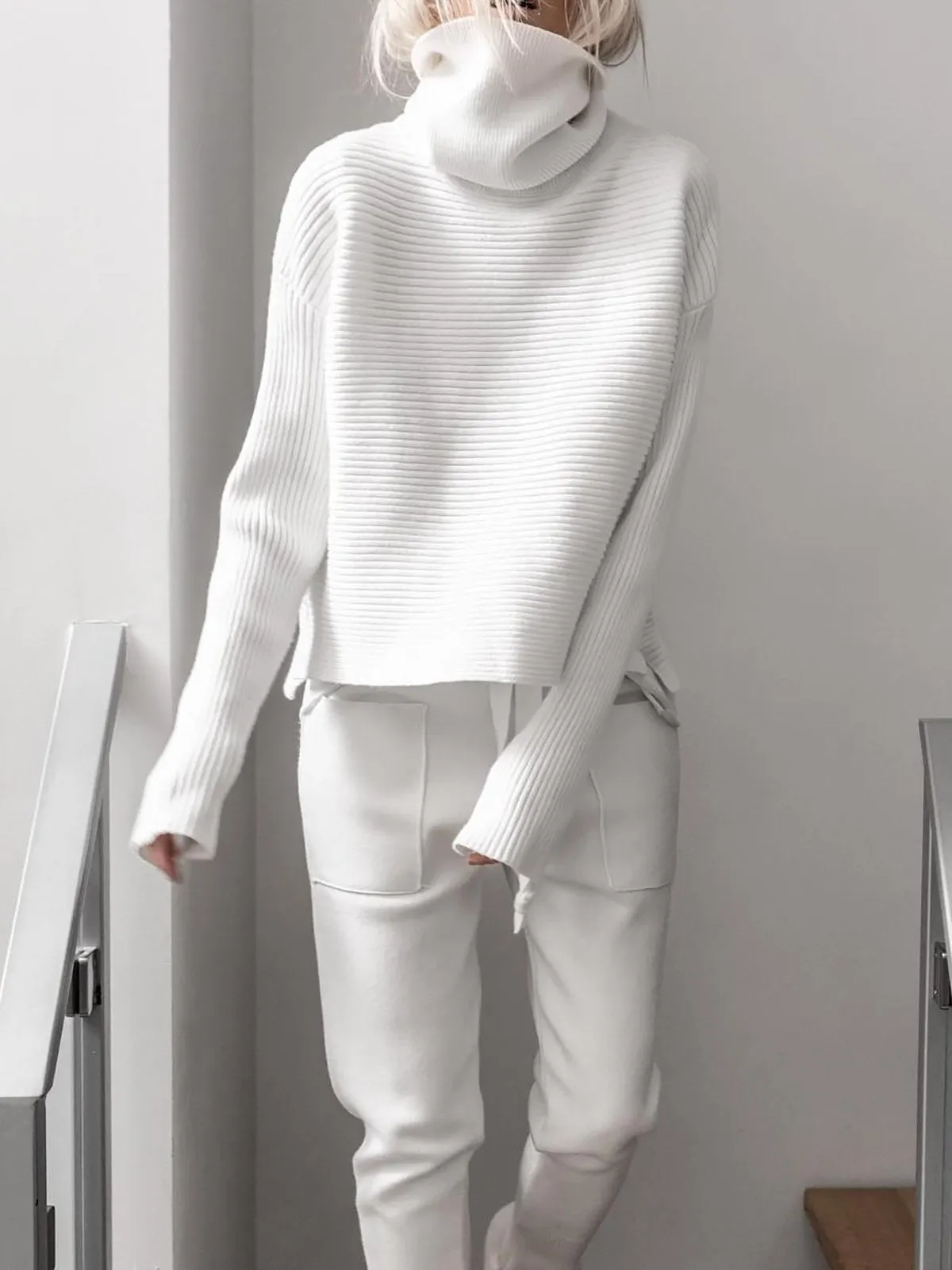 Dunnmall Turtleneck Knitted Two Pieces Pants Suits