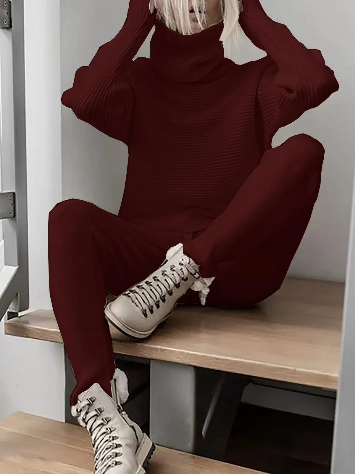 Dunnmall Turtleneck Knitted Two Pieces Pants Suits