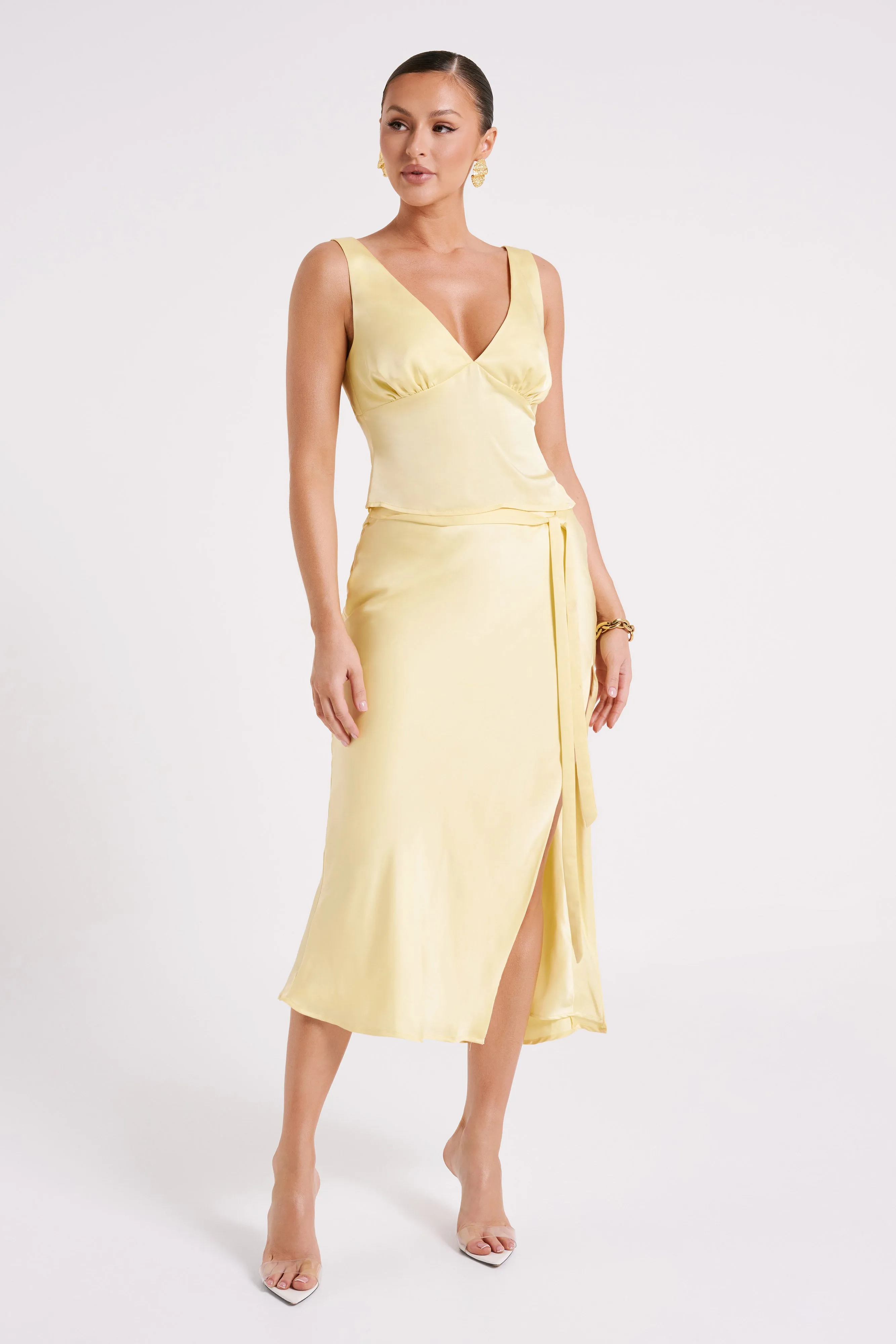 Edie Satin Midi Skirt With Tie - Yellow