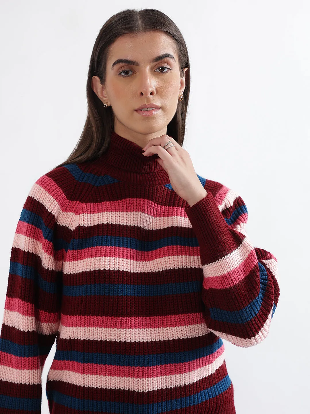 Elle Women Multi-Color Striped Turtle Neck Full Sleeves Pullover Style Sweater